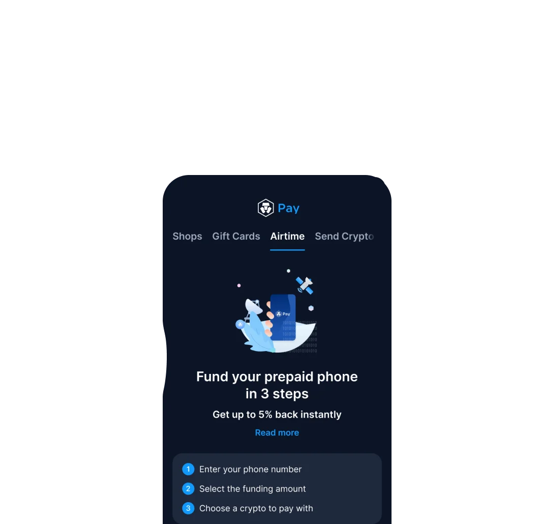 Image: Individual holding a phone demonstrating Crypto.com Pay's 'Mobile Airtime' feature. Easily top up your prepaid phone and receive up to 5% cashback. Simple three-step process to fund your prepaid phone with the added benefit of up to 5% cashback.