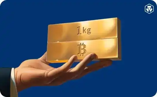 Hand holding two gold blocks representing Bitcoin's value